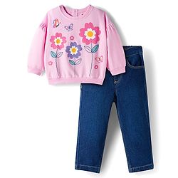 Babyhug Looper Knit Full Sleeves Rib at Neck Top & Jeans Set with Floral Print - Pink & Blue