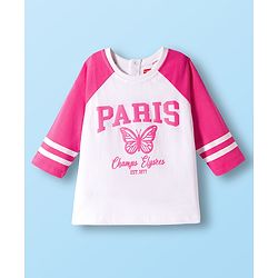 Babyhug Looper Knit Full Sleeves Top and Denim Jeans Set with Paris Text Print - Pink White & Blue