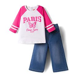 Babyhug Looper Knit Full Sleeves Top and Denim Jeans Set with Paris Text Print - Pink White & Blue