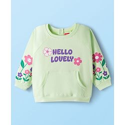 Babyhug Looper Knit Full Sleeves Rib at Neck Top & Jeans Set with Kangaroo Pocket & Floral Print - Light Green & Blue