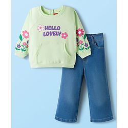 Babyhug Looper Knit Full Sleeves Rib at Neck Top & Jeans Set with Kangaroo Pocket & Floral Print - Light Green & Blue