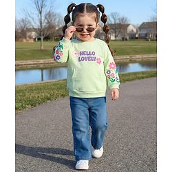 Babyhug Looper Knit Full Sleeves Rib at Neck Top & Jeans Set with Kangaroo Pocket & Floral Print - Light Green & Blue