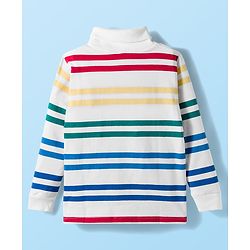 Babyhug Cotton Elastane Knit Full Sleeves Turtle Neck Winter T-Shirt with Stripes - White