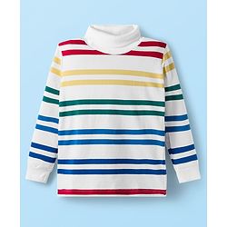 Babyhug Cotton Elastane Knit Full Sleeves Turtle Neck Winter T-Shirt with Stripes - White