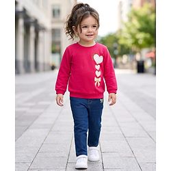 Babyhug Looper Knit Full Sleeves Rib at Neck Top & Jeans Set with Heart Print - Red & Blue