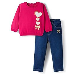 Babyhug Looper Knit Full Sleeves Rib at Neck Top & Jeans Set with Heart Print - Red & Blue