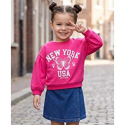 Babyhug Looper Knit Full Sleeves Knit Top and Skort Set With New York Text Print - Pink