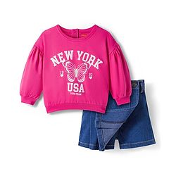 Babyhug Looper Knit Full Sleeves Knit Top and Skort Set With New York Text Print - Pink