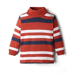 Babyhug Cotton Knit Full Sleeves Turtle Neck Winter T-Shirt with Stripes - Red