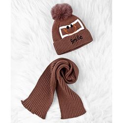 Babyhug Woolen Cap & Muffler Set With Smiley Motif Brown - 11.5 cm Diameter