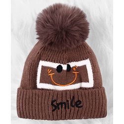 Babyhug Woolen Cap & Muffler Set With Smiley Motif Brown - 11.5 cm Diameter