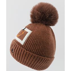 Babyhug Woolen Cap & Muffler Set With Smiley Motif Brown - 11.5 cm Diameter