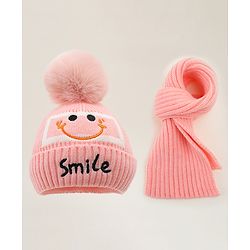 Babyhug Woolen Cap & Muffler Set With Smiley Motif Brown - 11.5 cm Diameter