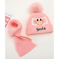 Babyhug Woolen Cap & Muffler Set With Smiley Motif Brown - 11.5 cm Diameter