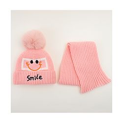 Babyhug Woolen Cap & Muffler Set With Smiley Motif Brown - 11.5 cm Diameter