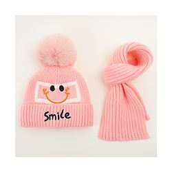 Babyhug Woolen Cap & Muffler Set With Smiley Motif Brown - 11.5 cm Diameter