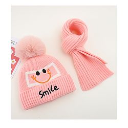 Babyhug Woolen Cap & Muffler Set With Smiley Motif Brown - 11.5 cm Diameter