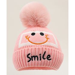 Babyhug Woolen Cap & Muffler Set With Smiley Motif Brown - 11.5 cm Diameter
