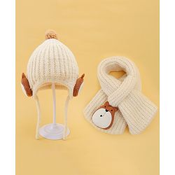 Babyhug Woolen Cap & Muffler Set With Animal Applique Beige - 15 cm Diameter