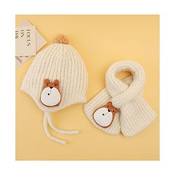 Babyhug Woolen Cap & Muffler Set With Animal Applique Beige - 15 cm Diameter