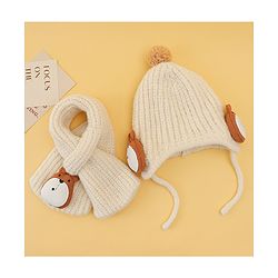 Babyhug Woolen Cap & Muffler Set With Animal Applique Beige - 15 cm Diameter