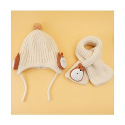 Babyhug Woolen Cap & Muffler Set With Animal Applique Beige - 15 cm Diameter
