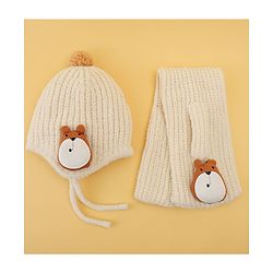 Babyhug Woolen Cap & Muffler Set With Animal Applique Beige - 15 cm Diameter