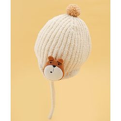Babyhug Woolen Cap & Muffler Set With Animal Applique Beige - 15 cm Diameter