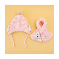 Babyhug Woolen Cap & Muffler Set With Animal Applique Pink - 13 cm Diameter