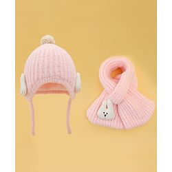 Babyhug Woolen Cap & Muffler Set With Animal Applique Pink - 13 cm Diameter