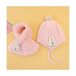 Babyhug Woolen Cap & Muffler Set With Animal Applique Pink - 13 cm Diameter