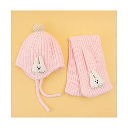 Babyhug Woolen Cap & Muffler Set With Animal Applique Pink - 13 cm Diameter