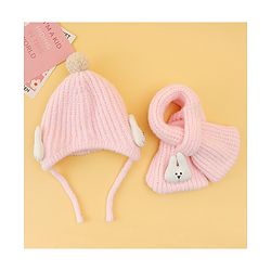 Babyhug Woolen Cap & Muffler Set With Animal Applique Pink - 13 cm Diameter