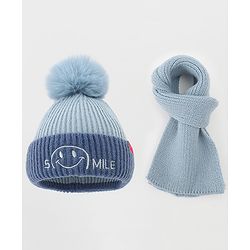 Babyhug Woolen Cap & Muffler Set With Smile Embroidery Blue - 11.5 cm Diameter
