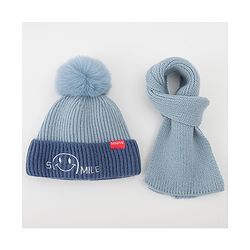 Babyhug Woolen Cap & Muffler Set With Smile Embroidery Blue - 11.5 cm Diameter