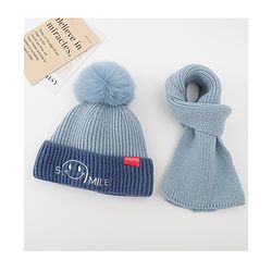 Babyhug Woolen Cap & Muffler Set With Smile Embroidery Blue - 11.5 cm Diameter