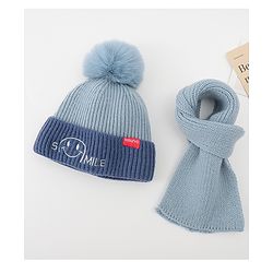 Babyhug Woolen Cap & Muffler Set With Smile Embroidery Blue - 11.5 cm Diameter