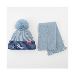 Babyhug Woolen Cap & Muffler Set With Smile Embroidery Blue - 11.5 cm Diameter