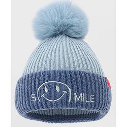 Babyhug Woolen Cap & Muffler Set With Smile Embroidery Blue - 11.5 cm Diameter