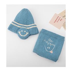 Babyhug Knitted Woollen Cap & Muffler With Text Embroidery Light Blue - Diameter 12.5 cm