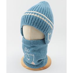 Babyhug Knitted Woollen Cap & Muffler With Text Embroidery Light Blue - Diameter 12.5 cm