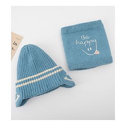 Babyhug Knitted Woollen Cap & Muffler With Text Embroidery Light Blue - Diameter 12.5 cm