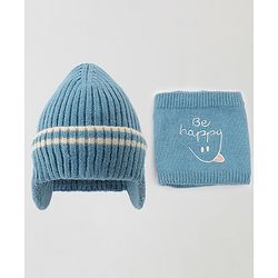 Babyhug Knitted Woollen Cap & Muffler With Text Embroidery Light Blue - Diameter 12.5 cm