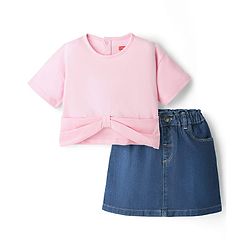 Babyhug Single Jersey Knit Half Sleeves Solid Top & Denim Skirt Set - Pink & Blue