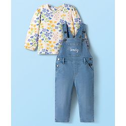 Babyhug Single Jersey Full Sleeves Top & Dungaree Set with Floral Print - White & Blue