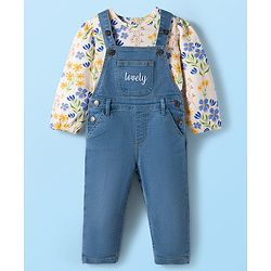 Babyhug Single Jersey Full Sleeves Top & Dungaree Set with Floral Print - White & Blue