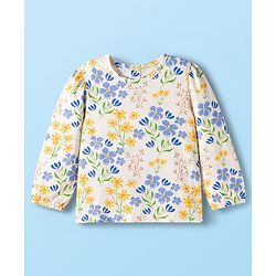 Babyhug Single Jersey Full Sleeves Top & Dungaree Set with Floral Print - White & Blue