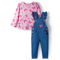 Babyhug Single Jersey Knit Full Sleeves T-Shirt & Dungaree With Butterfly Print - Pink & Blue