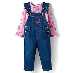 Babyhug Single Jersey Knit Full Sleeves T-Shirt & Dungaree With Butterfly Print - Pink & Blue