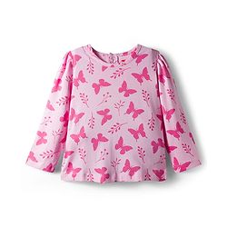 Babyhug Single Jersey Knit Full Sleeves T-Shirt & Dungaree With Butterfly Print - Pink & Blue